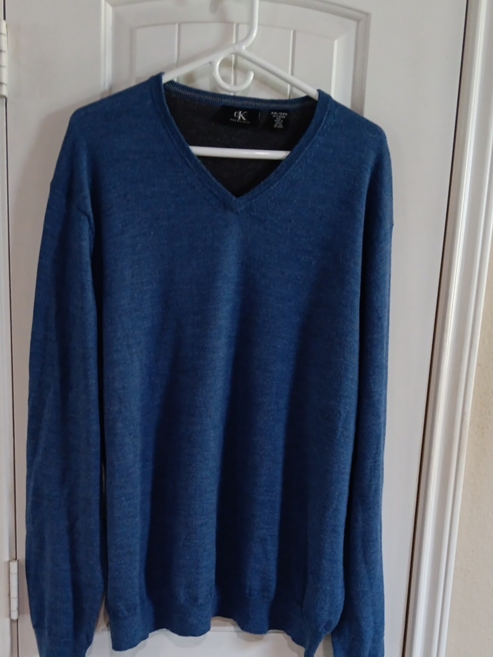 Calvin Klein Blue Heathered Extra Fine Merino Wool V-Neck XXL